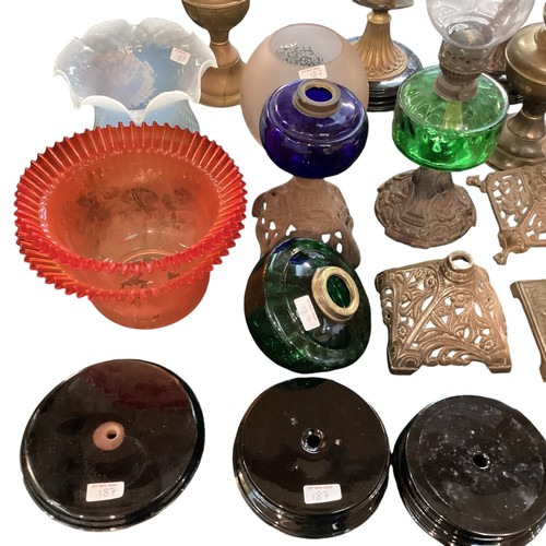 187 - A quantity of early C20th and later oil lamps, stands, resevoirs, modern glass shades, etc, see all ... 