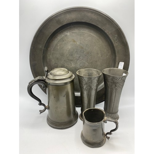 182 - Quantity of collectables to include two Opera Glasses, pewter items including a lead Royal Exchange ... 