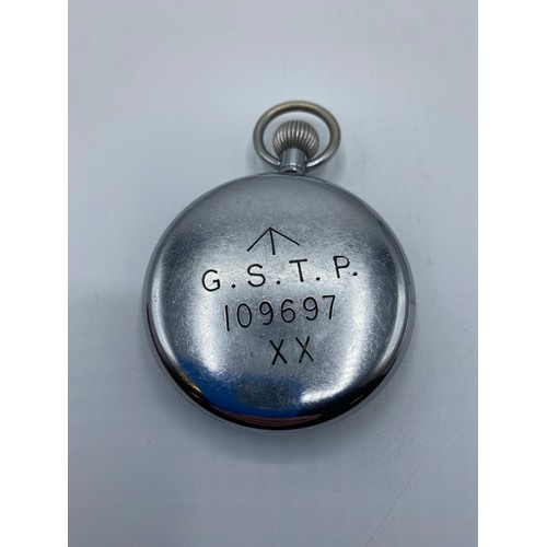 168 - Three white metal pocket watches, one with military arrow and numbered 109697 GSTP, together with a ... 