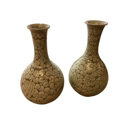 223 - A pair of decorative, Chinese Celadon style bottle neck vases  29cm High, chip to rim