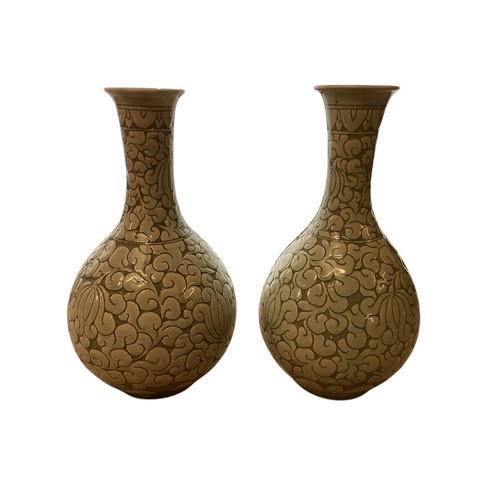 223 - A pair of decorative, Chinese Celadon style bottle neck vases  29cm High, chip to rim