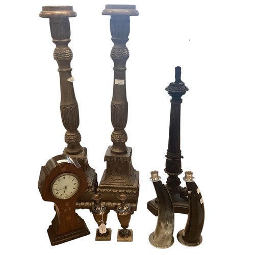 227 - Pair of wooden floor standing candlesticks (76cm H) together with a heavy bronze 6 branch table cand... 