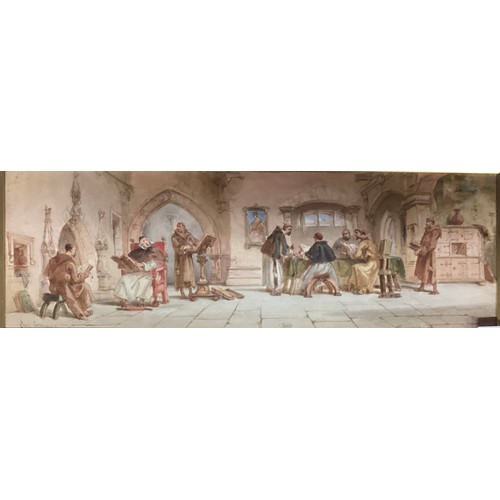 412 - Two paintings by CHARLES CATTERMOLE (1832-1900), watercolour, monks in a monastery, 15 x 44cm , sign... 