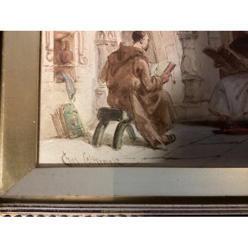 412 - Two paintings by CHARLES CATTERMOLE (1832-1900), watercolour, monks in a monastery, 15 x 44cm , sign... 