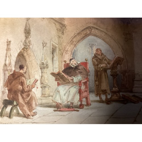 412 - Two paintings by CHARLES CATTERMOLE (1832-1900), watercolour, monks in a monastery, 15 x 44cm , sign... 