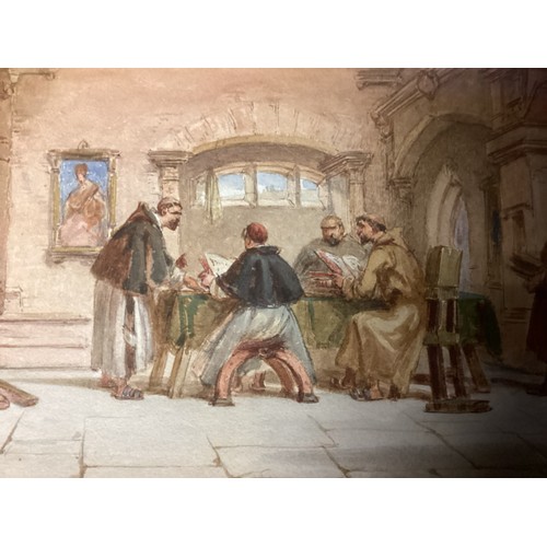 412 - Two paintings by CHARLES CATTERMOLE (1832-1900), watercolour, monks in a monastery, 15 x 44cm , sign... 