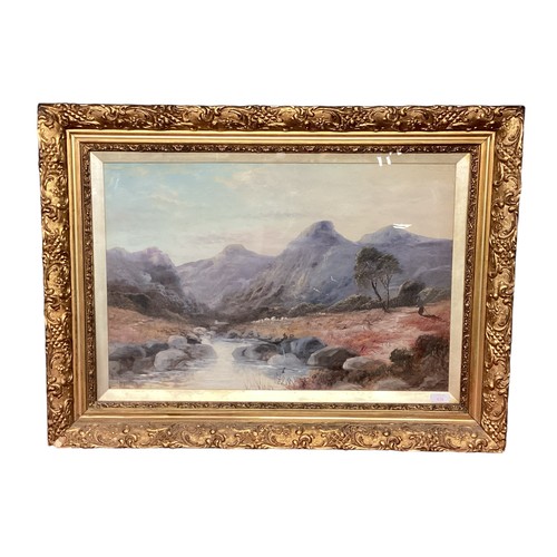 413 - A C19th gilt and glazed framed oil, Landscape with mountains and river scene, with figures  of men f... 