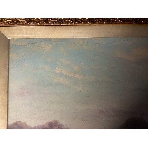 413 - A C19th gilt and glazed framed oil, Landscape with mountains and river scene, with figures  of men f... 