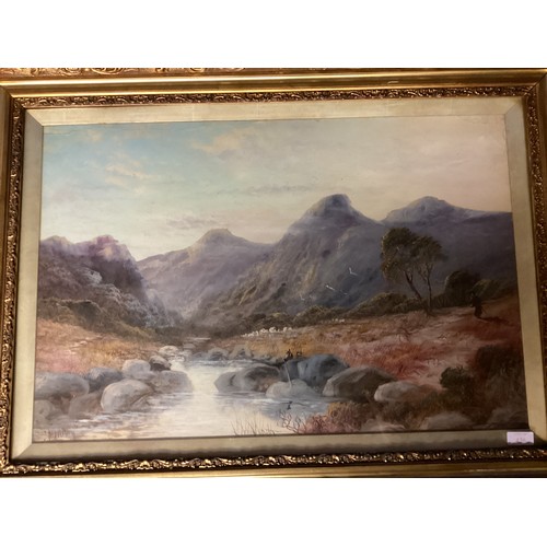 413 - A C19th gilt and glazed framed oil, Landscape with mountains and river scene, with figures  of men f... 