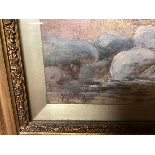 413 - A C19th gilt and glazed framed oil, Landscape with mountains and river scene, with figures  of men f... 