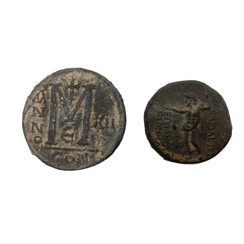 26 - Two bronze coins after the antique. a 6th century  Justinus style coin and A Greek Tetradrachm style... 