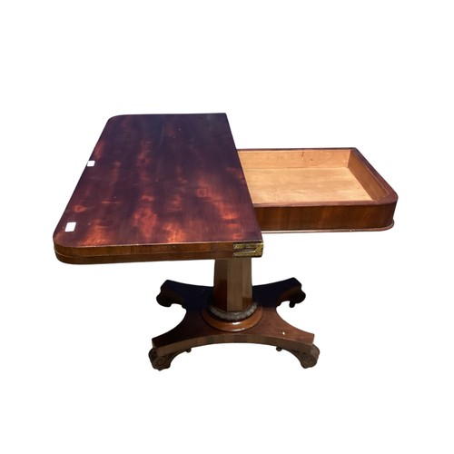 523 - A William IV  flame mahogany foldover pedestal card table with recent green baize interior,  90.5cm ... 