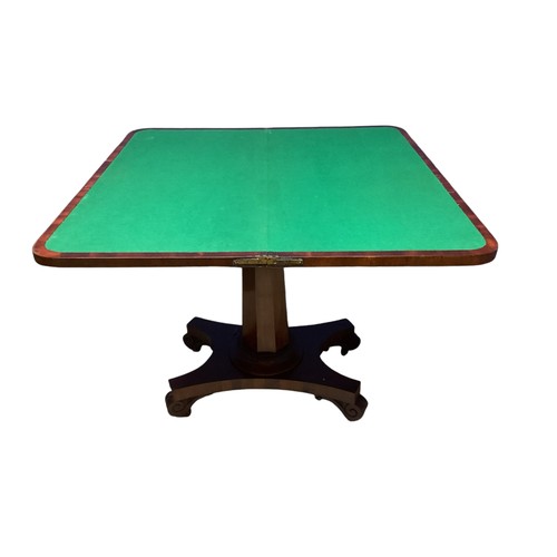 523 - A William IV  flame mahogany foldover pedestal card table with recent green baize interior,  90.5cm ... 