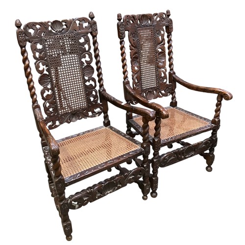 526 - Four chairs, to include a pair of Jacobean style bergere high back arm chairs, and two dining chairs... 