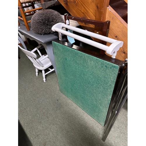 528 - A quantity of general furniture, to include 3 folding luggage stands, childs chair, boot brush, towe... 