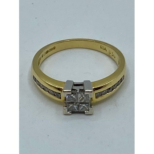 32 - An 18ct gold and diamond ring. Centrally set with four square cut diamonds and channel set single cu... 