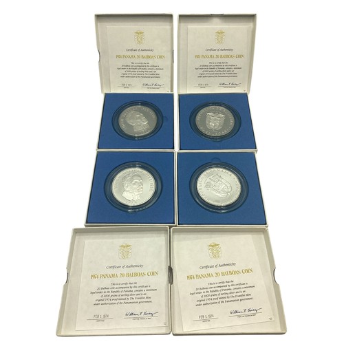 14 - Four 1974 boxed Panama 20 Balboas Coins, with COA and each containing 2000 grains of sterling silver... 