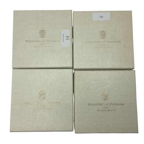 14 - Four 1974 boxed Panama 20 Balboas Coins, with COA and each containing 2000 grains of sterling silver... 