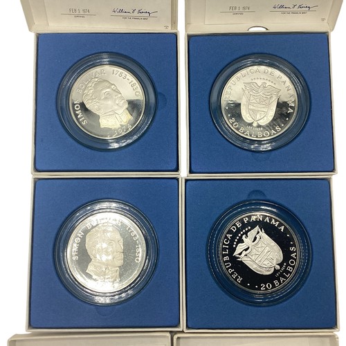 14 - Four 1974 boxed Panama 20 Balboas Coins, with COA and each containing 2000 grains of sterling silver... 