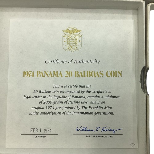 14 - Four 1974 boxed Panama 20 Balboas Coins, with COA and each containing 2000 grains of sterling silver... 