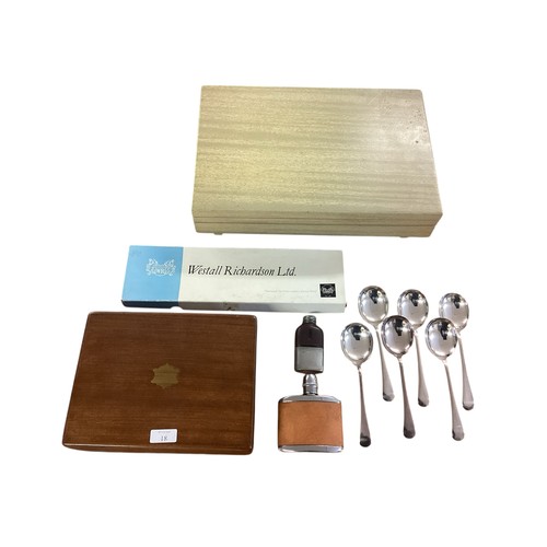 18 - A silver plated boxed canteen of cutlery together with other boxed cutlery sets , two small hip flas... 