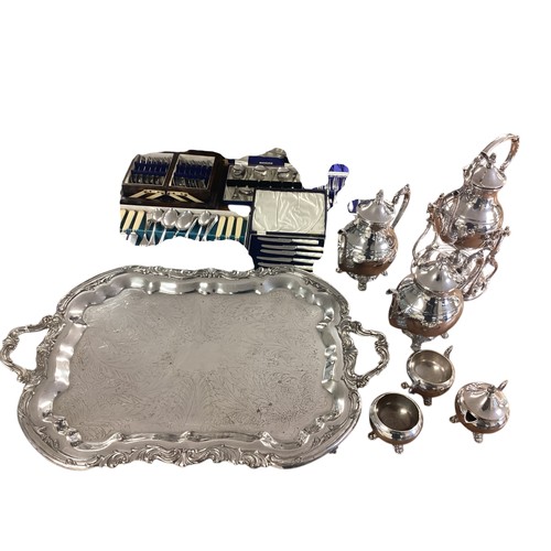 13 - A collection of silver plated wares to include boxed cutlery sets, a large silver plated tray etc. s... 