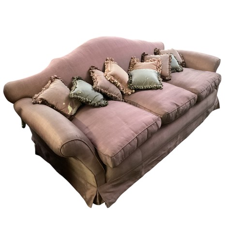 506 - Three seater pink upholstered sofa 209cm wide x 104cm depth x 85cm high, loose wheel, some marks and... 