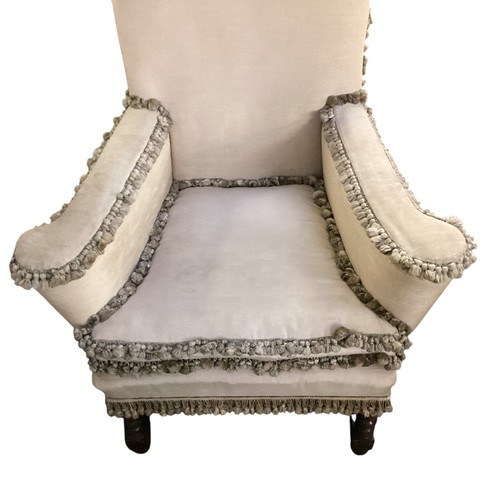 510 - Pair of Queen Anne style, cream upholstered high backed armchairs, with bobbin turned legs and stret... 