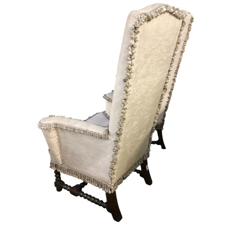 510 - Pair of Queen Anne style, cream upholstered high backed armchairs, with bobbin turned legs and stret... 