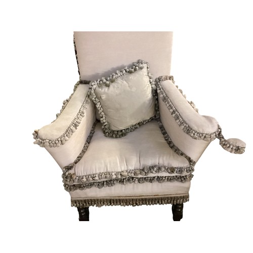 510 - Pair of Queen Anne style, cream upholstered high backed armchairs, with bobbin turned legs and stret... 