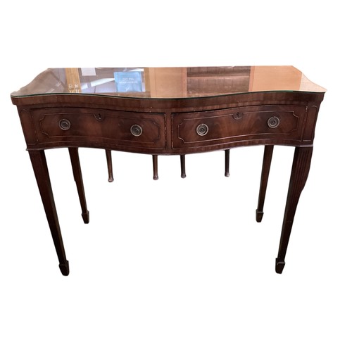 513 - A Pair of C19th serpentine fronted mahogany side tables, glass tops,  115cm wide x 55cm deep x 88cm ... 