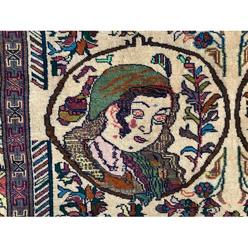 360 - Persian rug, central pattern of flower vases and weeping women and ornate borders with birds. Colour... 