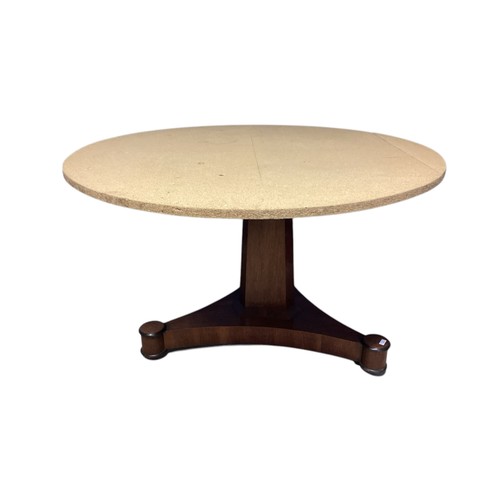 556 - Circular MDF table top fitted for a period mahogany tripod pedestal base with caster wheels , diamet... 