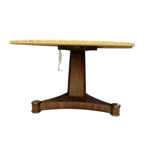 556 - Circular MDF table top fitted for a period mahogany tripod pedestal base with caster wheels , diamet... 