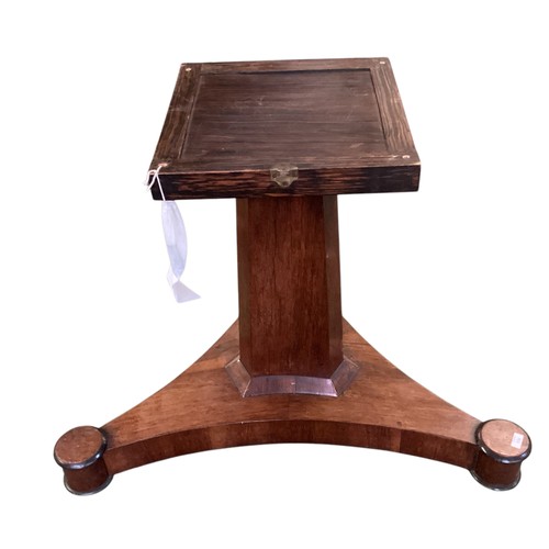 556 - Circular MDF table top fitted for a period mahogany tripod pedestal base with caster wheels , diamet... 