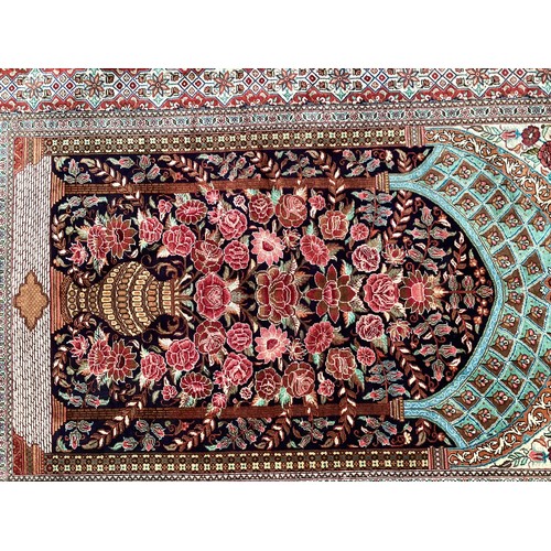 353 - Oriental handmade silk rug/prayer mat, central pattern a vase with flowers in temple with geometric ... 