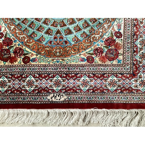 353 - Oriental handmade silk rug/prayer mat, central pattern a vase with flowers in temple with geometric ... 