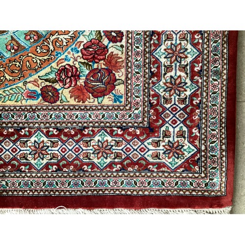 353 - Oriental handmade silk rug/prayer mat, central pattern a vase with flowers in temple with geometric ... 