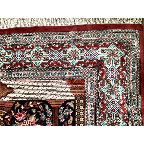 353 - Oriental handmade silk rug/prayer mat, central pattern a vase with flowers in temple with geometric ... 