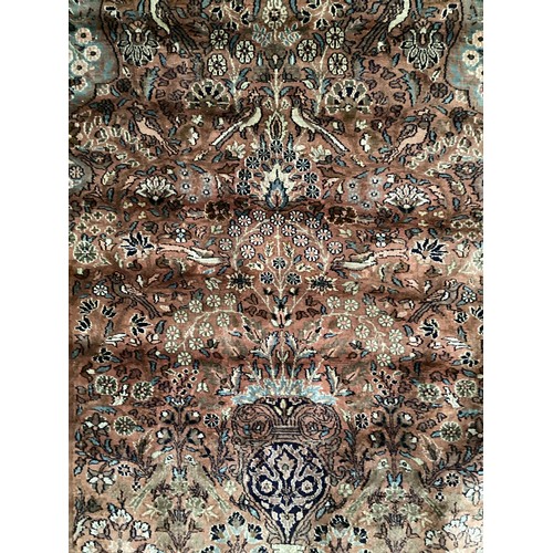 358 - Sulayman apprentice handmade silk rug with central floral and birds pattern and floral border. Main ... 