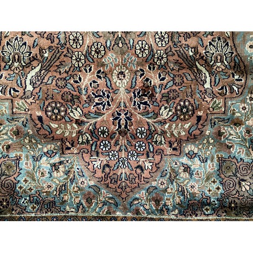 358 - Sulayman apprentice handmade silk rug with central floral and birds pattern and floral border. Main ... 