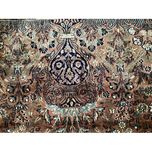 358 - Sulayman apprentice handmade silk rug with central floral and birds pattern and floral border. Main ... 