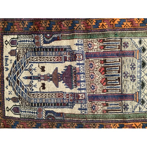 362 - Afghan handmade rug , central pattern depicting a temple and a rug with a border. Colours are cream ... 