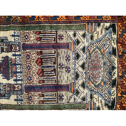 362 - Afghan handmade rug , central pattern depicting a temple and a rug with a border. Colours are cream ... 