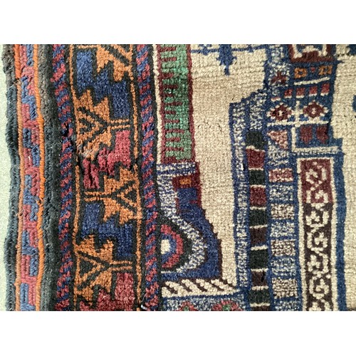 362 - Afghan handmade rug , central pattern depicting a temple and a rug with a border. Colours are cream ... 