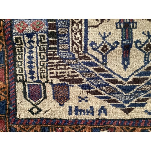 362 - Afghan handmade rug , central pattern depicting a temple and a rug with a border. Colours are cream ... 