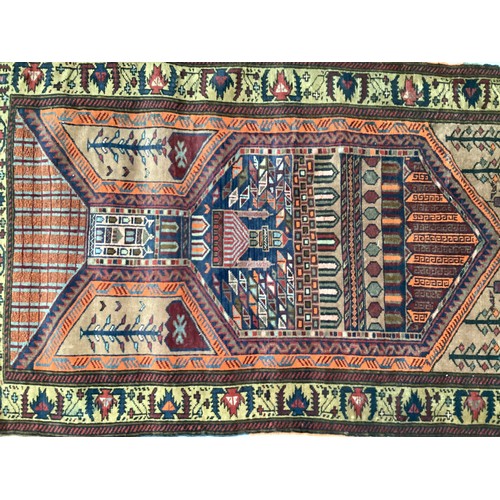 366 - Wool handmade rug with central pattern depicting a temple and border. Main colours are brown, orange... 