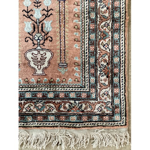 372 - Two small silk rugs/ prayer mats. Smaller one is Turkish cashar prayer rug with central pattern depi... 