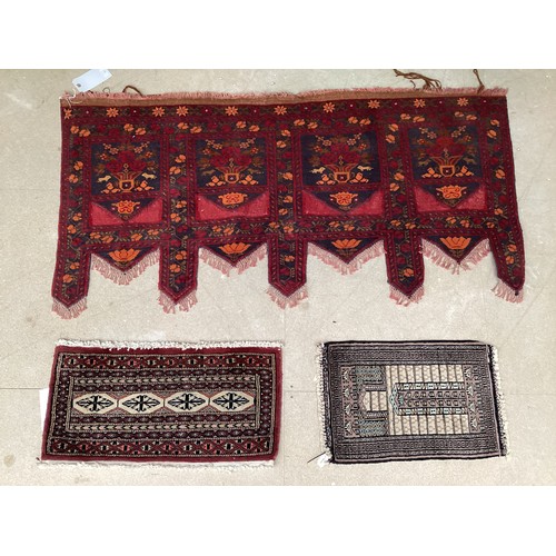 380 - Two small rugs and a shaped hanging/rug. (kurdish afghan hanger) All over wear to all. Rugs, 32 cm x... 