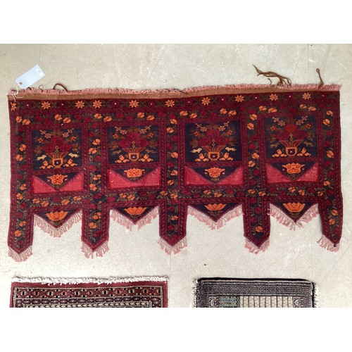 380 - Two small rugs and a shaped hanging/rug. (kurdish afghan hanger) All over wear to all. Rugs, 32 cm x... 